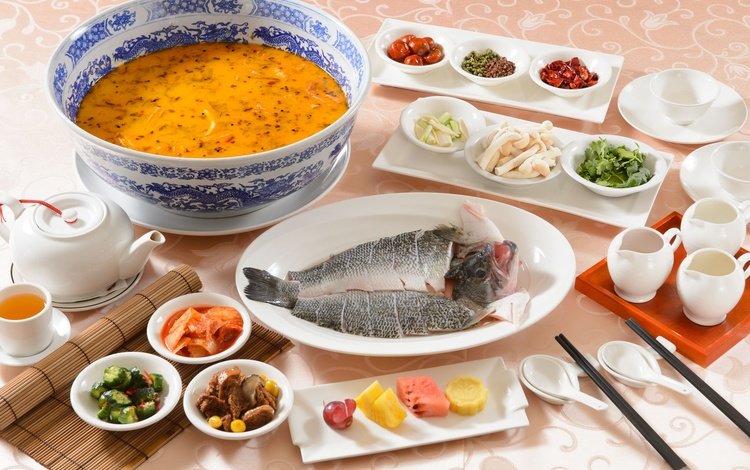 стол, овощи, рыба, приборы, суп, ассорти, table, vegetables, fish, devices, soup, cuts