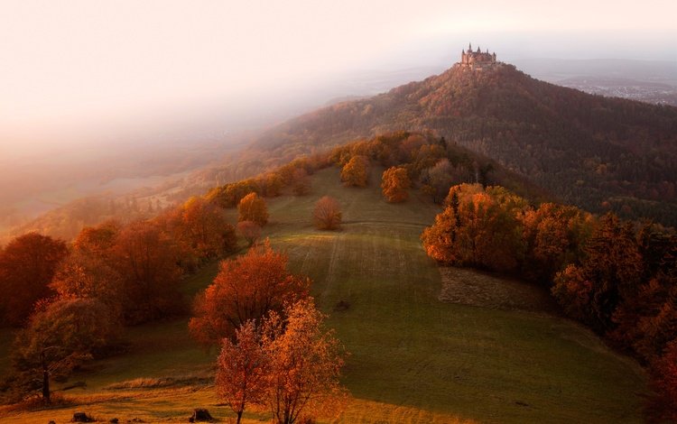 свет, утро, туман, замок, осень, дымка, холм, германия, light, morning, fog, castle, autumn, haze, hill, germany
