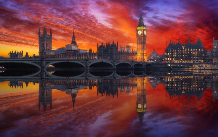 закат, отражение, мост, лондон, англия, биг-бен, sunset, reflection, bridge, london, england, big ben