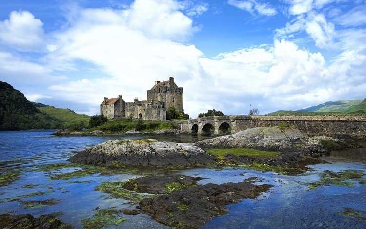небо, облака, вода, замок, шотландия, замок эйлиан донан, дорн, the sky, clouds, water, castle, scotland, eilean donan castle, dorn