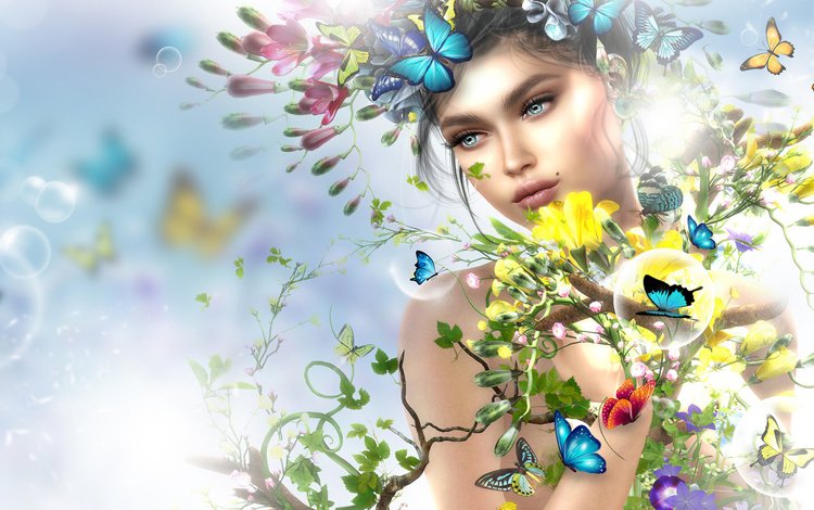 цветы, 3д, девушка, ветки, пузыри, графика, весна, бабочки, венок, flowers, 3d, girl, branches, bubbles, graphics, spring, butterfly, wreath