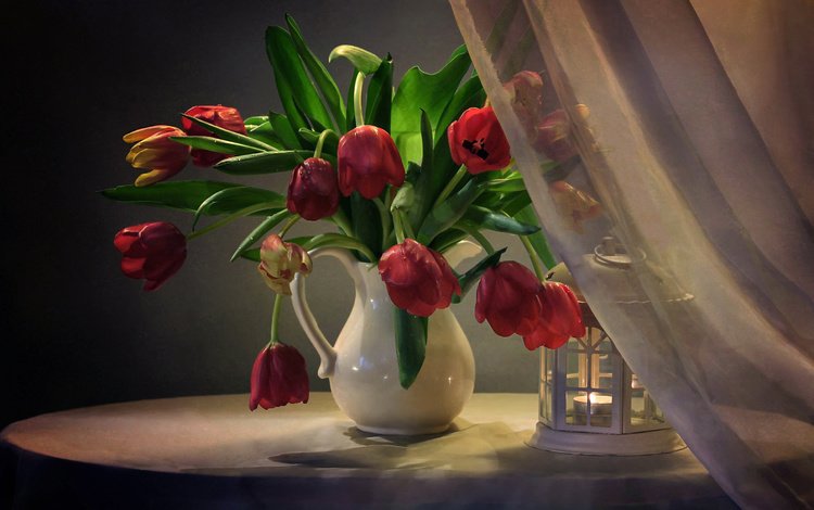 цветы, занавеска, фонарь, ткань, тюльпаны, свеча, кувшин, столик, натюрморт, flowers, curtain, lantern, fabric, tulips, candle, pitcher, table, still life