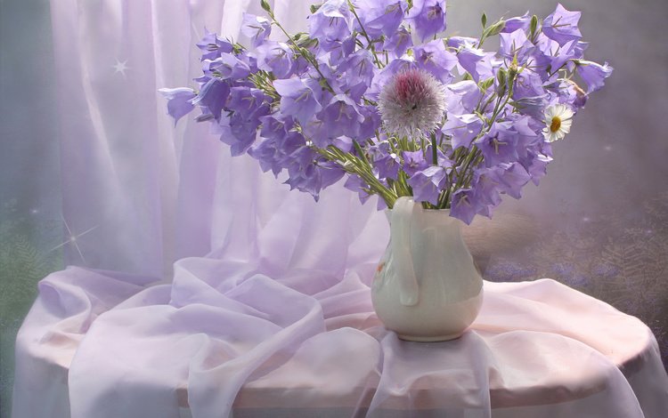 цветы, ваза, колокольчики, кувшин, столик, натюрморт, занавеска, flowers, vase, bells, pitcher, table, still life, curtain