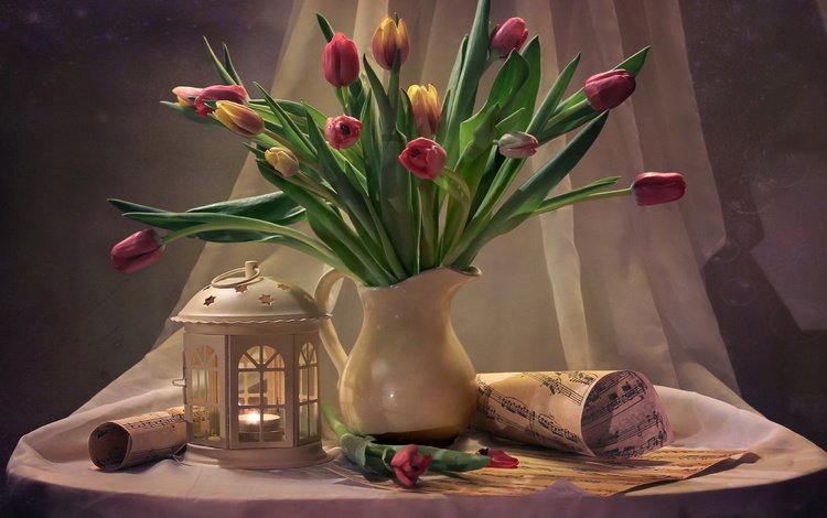 цветы, столик, ноты, натюрморт, фонарь, занавеска, ткань, рулоны, тюльпаны, листы, свеча, кувшин, flowers, table, notes, still life, lantern, curtain, fabric, rolls, tulips, leaves, candle, pitcher