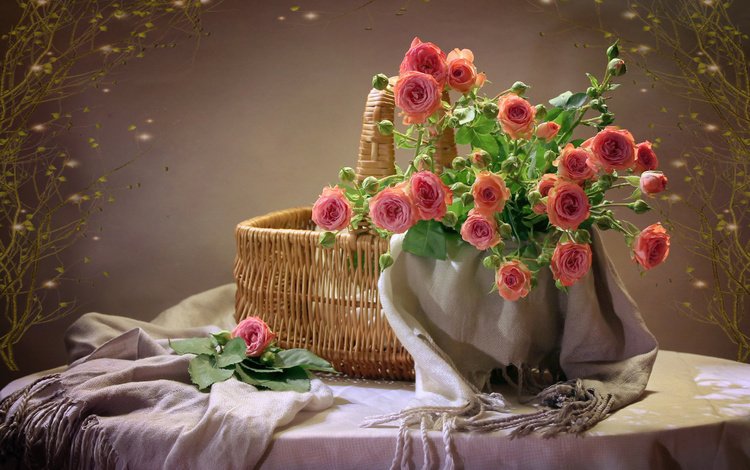 цветы, розы, ткань, корзина, коллаж, столик, натюрморт, шарф, flowers, roses, fabric, basket, collage, table, still life, scarf