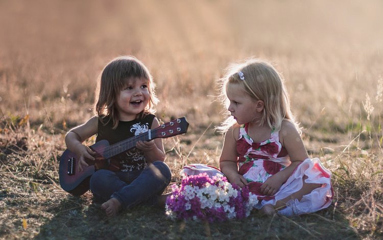 цветы, трава, поле, гитара, дети, девочка, мальчик, agnieszka gulczynska, flowers, grass, field, guitar, children, girl, boy