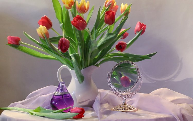 цветы, флакон, зеркало, ткань, тюльпаны, кувшин, духи, столик, натюрморт, flowers, bottle, mirror, fabric, tulips, pitcher, perfume, table, still life