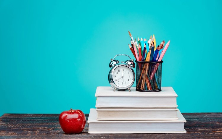 фон, цветные карандаши, разноцветные, книги, карандаши, стол, часы, яблоко, будильник, background, colored pencils, colorful, books, pencils, table, watch, apple, alarm clock
