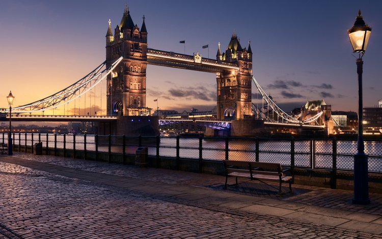 скамья, фонари, освещение, вечер, тауэрский мост, река, великобритания, лондон, город, англия, набережная, bench, lights, lighting, the evening, tower bridge, river, uk, london, the city, england, promenade