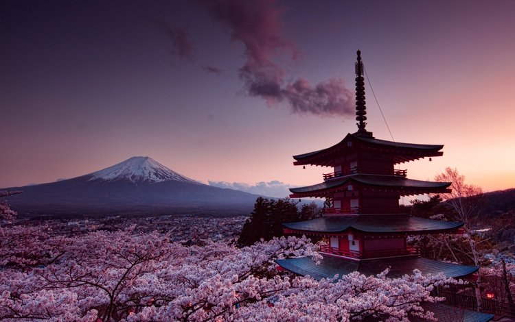 гора, япония, весна, фудзияма, chureito pagoda, фудзиёсида, mountain, japan, spring, fuji, fujiyoshida