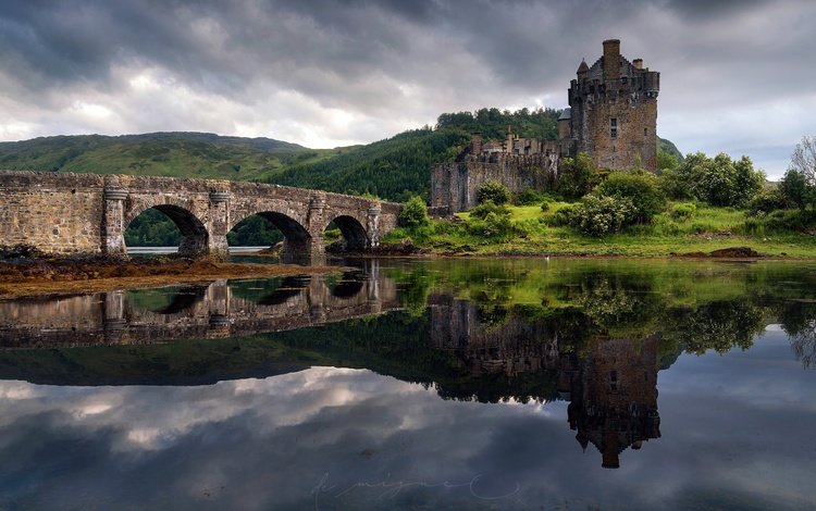отражение, мост, замок, весна, остров, шотландия, замок эйлен-донан, фьорд лох-дуйх, reflection, bridge, castle, spring, island, scotland, the eilean donan castle, the lough duich