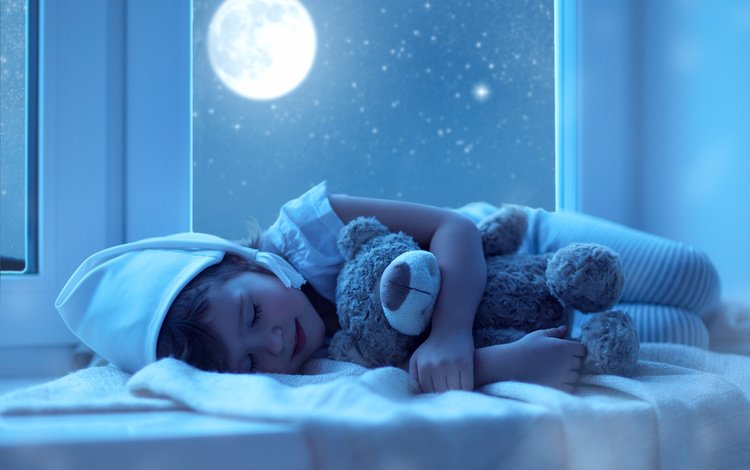 ночь, сон, мишка, игрушка, ребенок, окно, подоконник, пижама, night, sleep, bear, toy, child, window, sill, pajamas