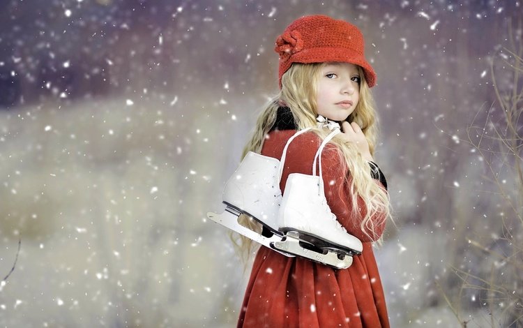 снег, локоны, зима, коньки, блондинка, пальто, ветки, взгляд, девочка, ребенок, шапка, snow, curls, winter, skates, blonde, coat, branches, look, girl, child, hat
