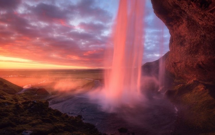 закат, гора, водопад, sunset, mountain, waterfall