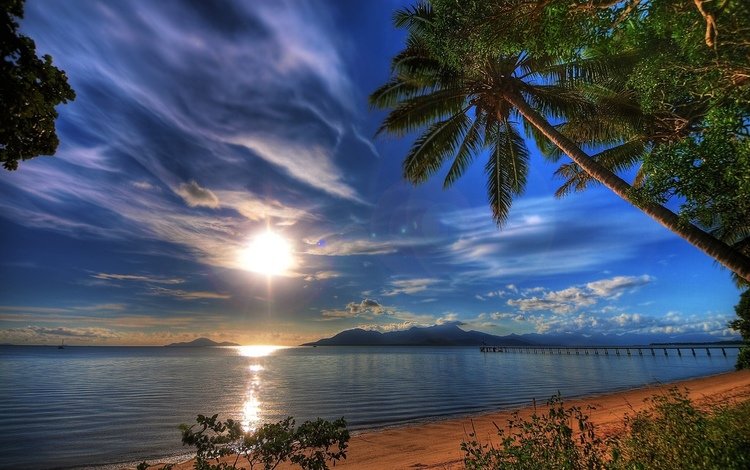 закат, пейзаж, море, пальмы, sunset, landscape, sea, palm trees