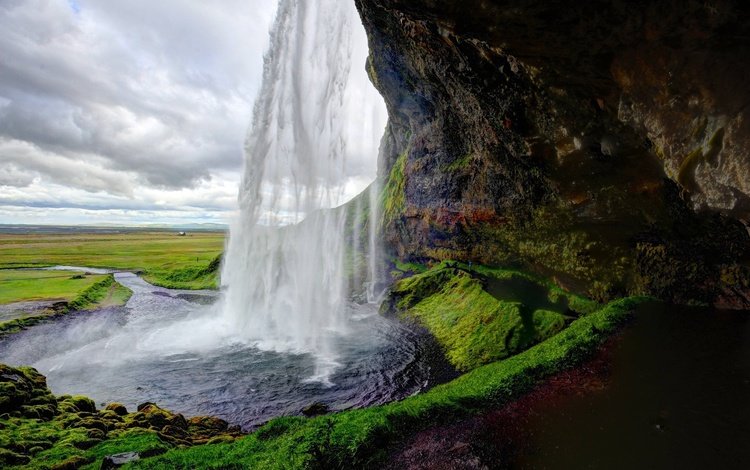 небо, облака, скала, водопад, исландия, сельяландсфосс, водопад сельяландсфосс, the sky, clouds, rock, waterfall, iceland, seljalandsfoss, seljalandsfoss waterfall
