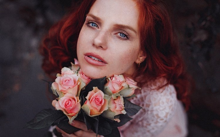 цветы, девушка, настроение, розы, взгляд, рыжая, рыжеволосая, flowers, girl, mood, roses, look, red, redhead