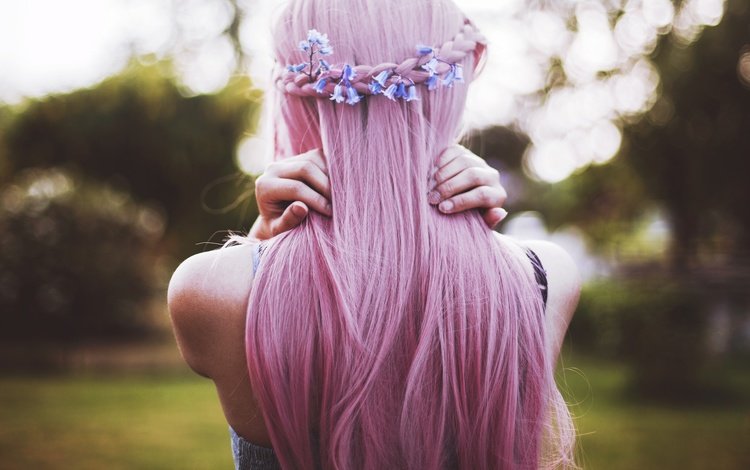 цветы, девушка, спина, розовые волосы, flowers, girl, back, pink hair