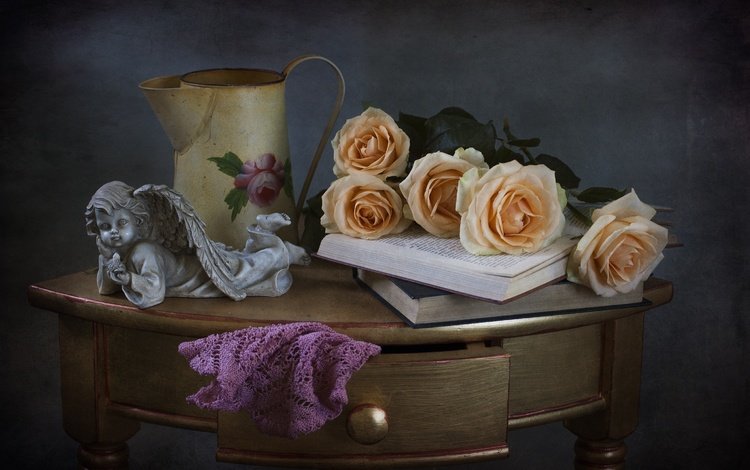 цветы, ящик, розы, книги, статуэтка, ангел, кувшин, столик, натюрморт, flowers, box, roses, books, figurine, angel, pitcher, table, still life