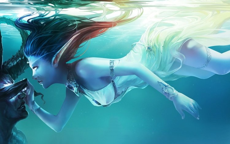 девушка, взгляд, демон, под водой, волосы, эльф, синий фон, girl, look, the demon, under water, hair, elf, blue background