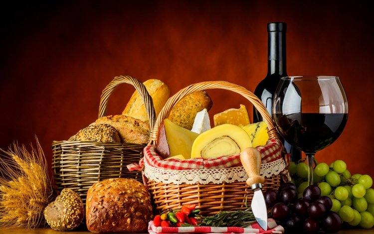 виноград, нож, бокал, выпечка, сыр, перец, булки, хлеб, колоски, корзина, вино, бутылка, bottle, grapes, knife, glass, cakes, cheese, pepper, bread, spikelets, basket, wine