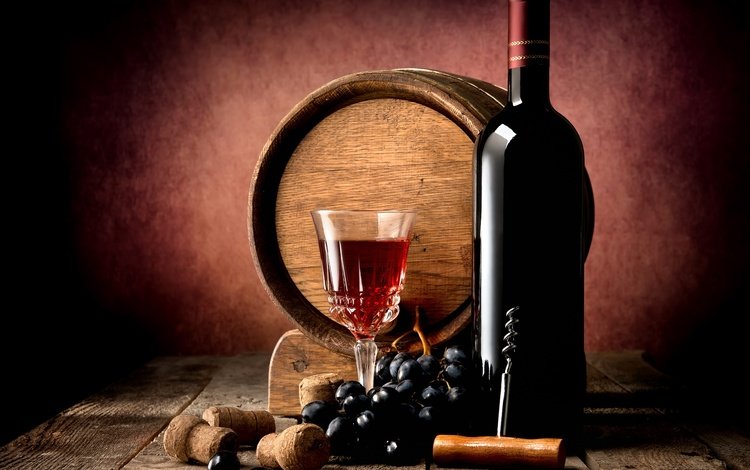виноград, полумрак, стол, пробки, доски, штопор, бокал, вино, бутылка, бочка, красное, grapes, twilight, table, tube, board, corkscrew, glass, wine, bottle, barrel, red