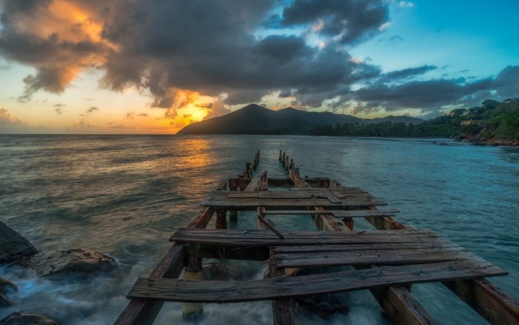 небо, облака, скалы, волны, закат, горизонт, причал, the sky, clouds, rocks, wave, sunset, horizon, pier