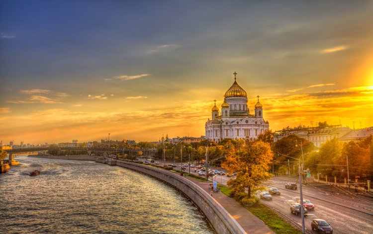 закат, москва, россия, церковь, храм христа спасителя, sunset, moscow, russia, church, the cathedral of christ the savior