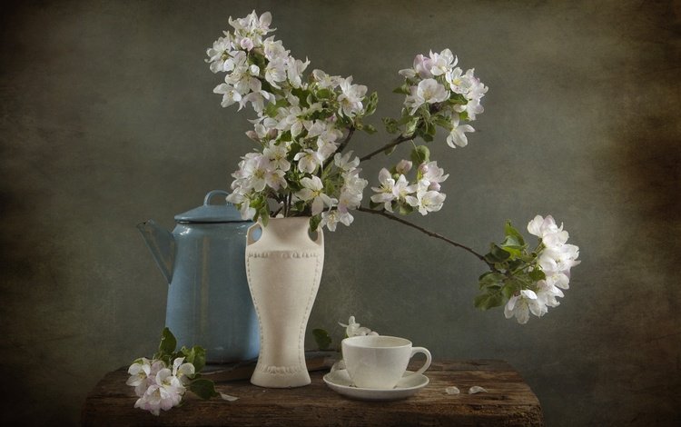 цветы, ветки, чашка, ваза, чай, чайник, яблоня, натюрморт, flowers, branches, cup, vase, tea, kettle, apple, still life