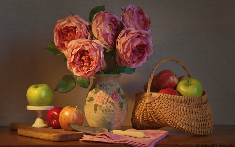 цветы, розы, фрукты, яблоки, букет, нож, корзинка, натюрморт, flowers, roses, fruit, apples, bouquet, knife, basket, still life