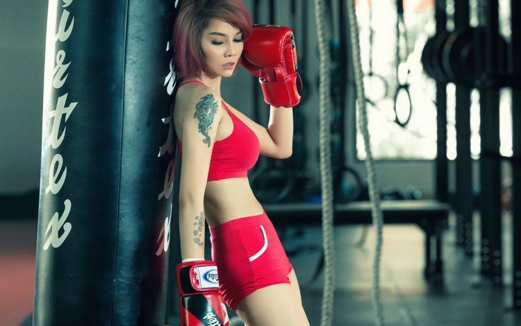 девушка, тату, азиатка, перчатки, боксер, тренировка, girl, tattoo, asian, gloves, boxer, training