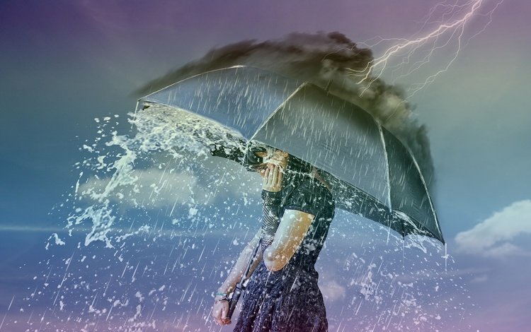 девушка, молния, ситуация, дождь, зонт, girl, lightning, the situation, rain, umbrella