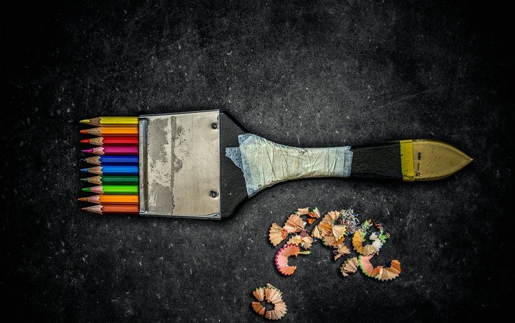 разноцветные, карандаши, кисть, стружка, цветные карандаши, creative edit, colorful, pencils, brush, chips, colored pencils