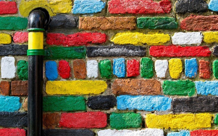 разноцветные, краски, цвет, стена, яркие, труба, кирпичи, кирпичная стена, colorful, paint, color, wall, bright, pipe, bricks, brick wall