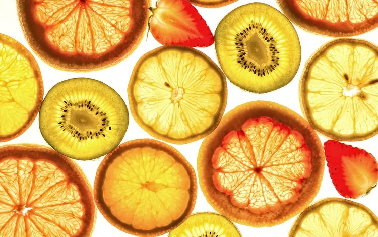 макро, цитрусы, фрукты, клубника, лимон, ягоды, апельсин, дольки, киви, macro, citrus, fruit, strawberry, lemon, berries, orange, slices, kiwi