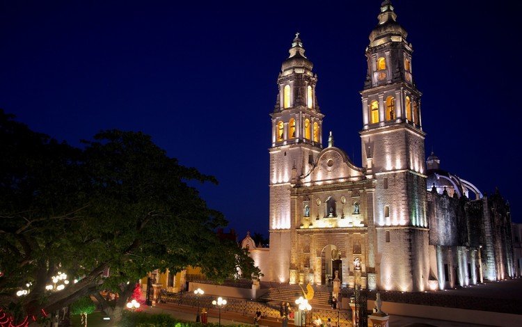 ночь, церковь, мексика, сан-франциско-де-кампече, night, church, mexico, san francisco de campeche