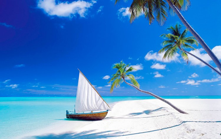 море, песок, пляж, лодка, пальмы, остров, тропики, мальдивы, sea, sand, beach, boat, palm trees, island, tropics, the maldives