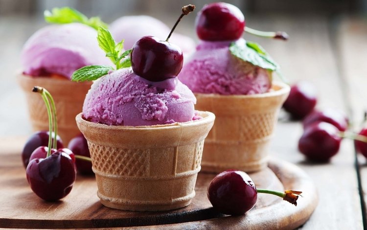 мята, мороженое, ягоды, вишня, стаканчики, вафельный стаканчик, mint, ice cream, berries, cherry, cups, waffle cup