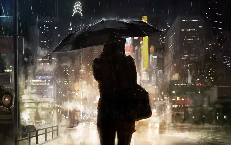 ночь, девушка, город, мегаполис, дождь, зонт, night, girl, the city, megapolis, rain, umbrella