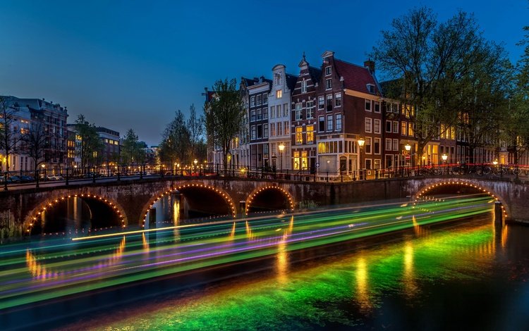 ночь, фонари, огни, река, мост, выдержка, нидерланды, амстердам, night, lights, river, bridge, excerpt, netherlands, amsterdam
