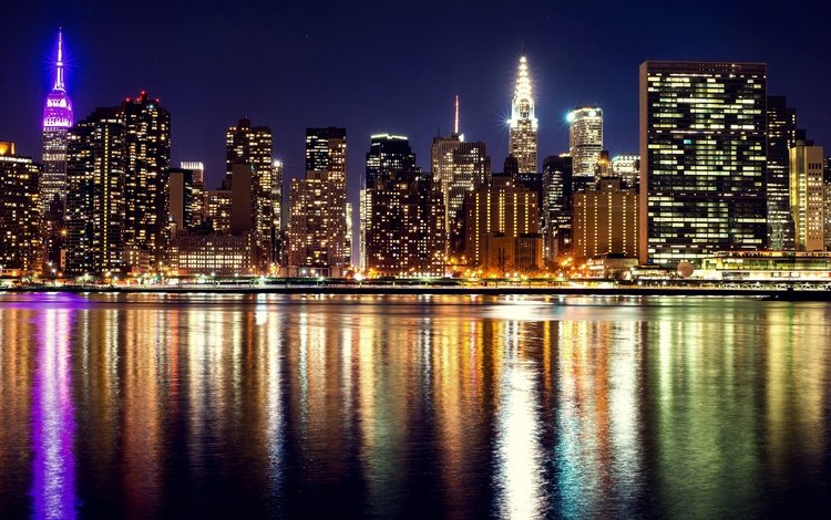 ночь, фонари, огни, река, небоскребы, дома, набережная, сша, нью-йорк, new york, night, lights, river, skyscrapers, home, promenade, usa