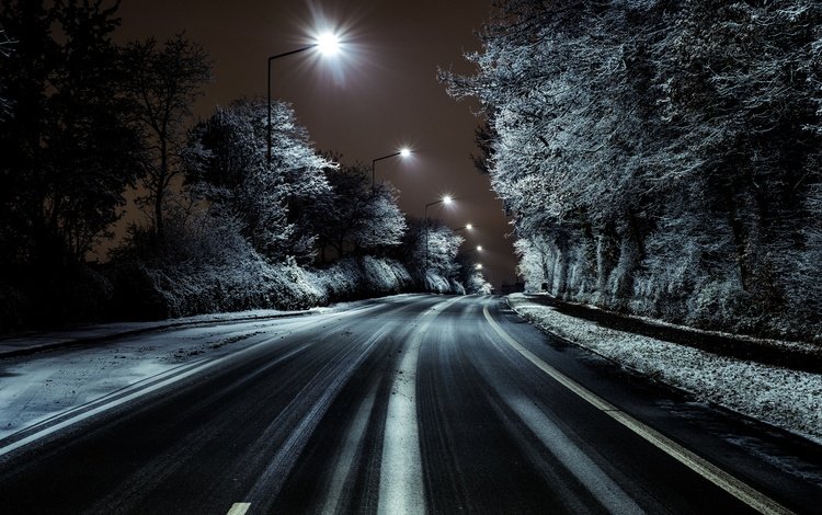 дорога, ночь, деревья, фонари, иней, улица, road, night, trees, lights, frost, street