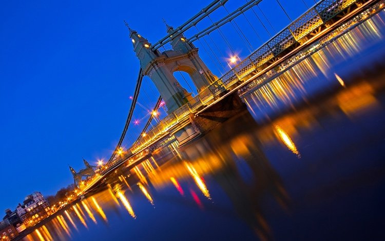 ночь, огни, лондон, англия, опора, хаммерсмитский мост, night, lights, london, england, support, hammersmith bridge