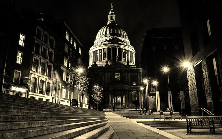 ночь, огни, лондон, англия, собор святого павла, night, lights, london, england, st. paul's cathedral