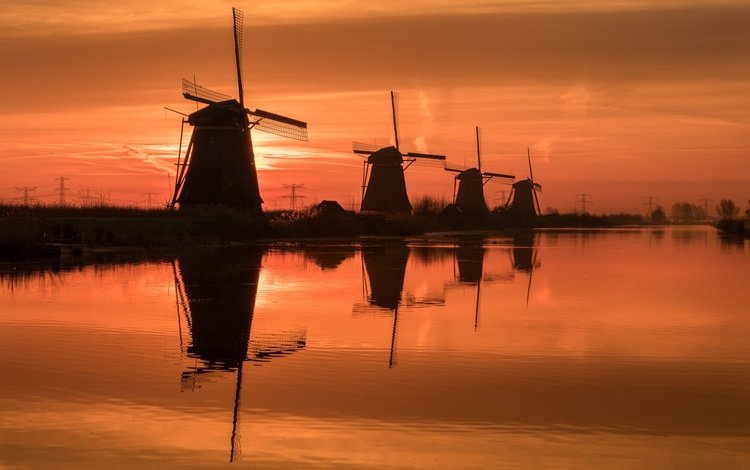 небо, ночь, река, отражение, мельницы, ветряная мельница, the sky, night, river, reflection, mill, windmill