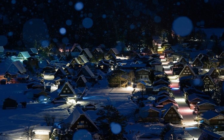 ночь, снег, зима, город, япония, сиракава, night, snow, winter, the city, japan, shirakawa