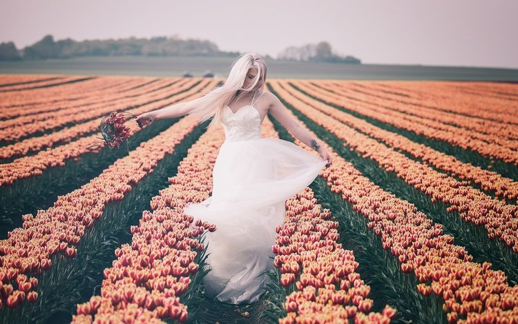 цветы, природа, девушка, настроение, блондинка, поле, тюльпаны, белое платье, flowers, nature, girl, mood, blonde, field, tulips, white dress