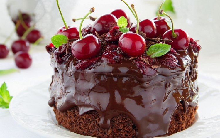 мята, ягоды, вишня, шоколад, сладкое, торт, десерт, mint, berries, cherry, chocolate, sweet, cake, dessert