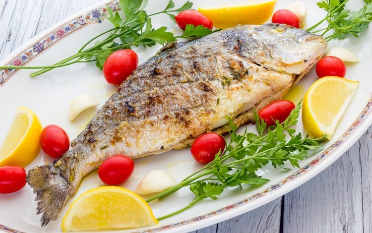 зелень, лимон, рыба, помидоры, морепродукты, петрушка, жареная рыба, greens, lemon, fish, tomatoes, seafood, parsley, fried fish
