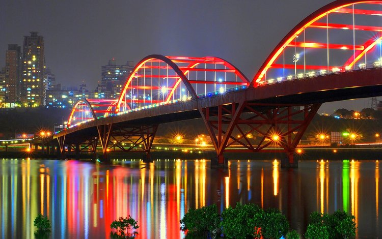 ночь, огни, отражение, мост, китай, мост гуанду, синьбэй, night, lights, reflection, bridge, china, guandu bridge, xinbei